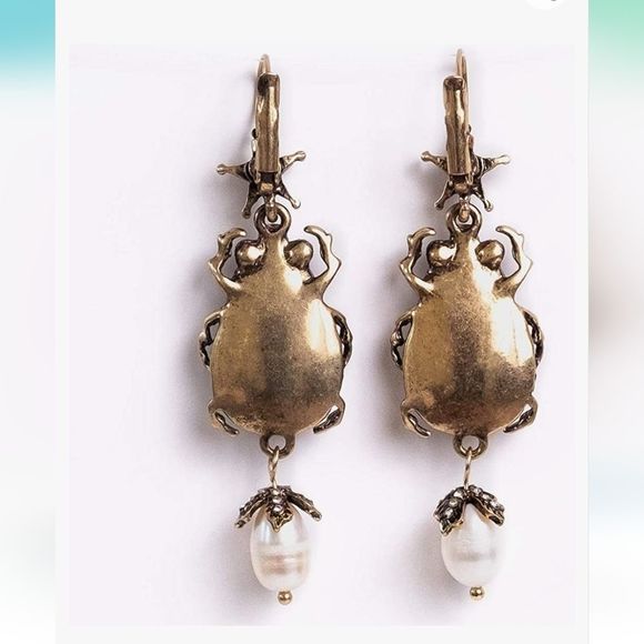 Anthro ladybug bug faux Pearl with rhinestones dangling earrings - Picture 4 of 5